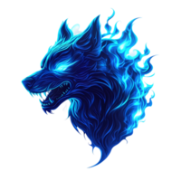 blue wolf head with flames on it, transparent background png