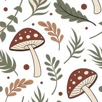 Mushrooms and leaves pattern vector