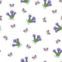 Spring cute seamless pattern with butterflies and crocus . flowers. Butterfly on a white background. vector