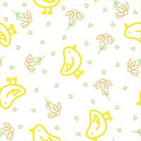 Children cute animal seamless pattern with chicks and flowers on a white background. Yellow baby bird. vector