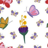 Summer cute seamless pattern with colorful butterflies and lilac flower. Butterfly on a white background. vector