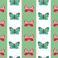 Summer cute seamless pattern with green and red butterflies. Butterfly on a striped background vector