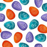 Seamless pattern with colorful Easter eggs. Orange, green and lilac eggs on a white background. Easter decorations. vector
