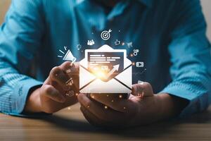 Email Marketing Concept with Business Professional Using Smartphone for Communication, Digital Campaign Management, Analytics, and Online Strategy for Customer Engagement photo
