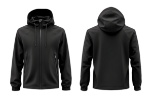 Black Hooded Jacket Front and Back Views on Transparent Background png