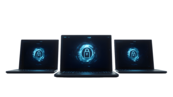 Three Laptops with Glowing Blue Circular Logo on Transparent Background png