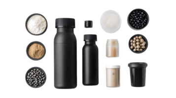 Black Containers and Bowls of Pills, Powders, and Granules on Transparent Background png