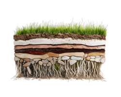 Detailed Cross Section of Soil Layers with Grass and Roots png