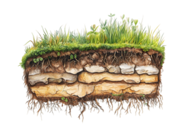Detailed Cross Section of Soil Layers with Roots and Grass png