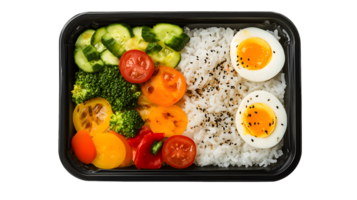 Overhead View of a Healthy Meal Prep Box with Rice, Eggs, and Grilled Vegetables png