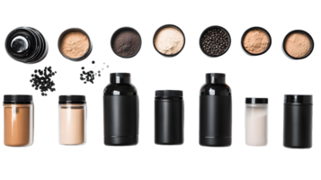 Various Powders and Supplements in Black Containers on White Background png