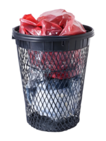 Crumpled Red and White Paper in a Black Mesh Trash Can png