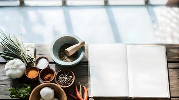 Open cookbook with spices, herbs, garlic, and a mortar and pestle on a rustic wooden table under natural light, perfect for recipe writing, food blogs, and culinary storytelling. photo