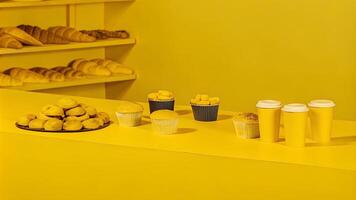Bright Yellow Bakery Display with Muffins, Pastries, and Coffee Cups, Ideal for Cafe Promotions, Bakery Advertising, Food Industry Branding, and Minimalist Culinary Concepts photo