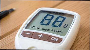 Close-up of a digital blood sugar monitor showing a glucose reading, used for diabetes management and monitoring blood sugar levels. photo