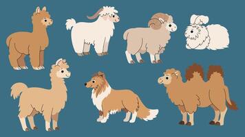 Set of cartoon animals that produce wool and fiber. Sheep, goat, rabbit, dog, alpaca, llama, and camel. Farm animals used for warm wool production. Dark background. vector
