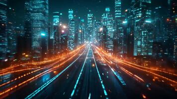 ast moving through futuristic city skyline illuminated by vibrant lights, showcasing a dynamic road leading into a bustling metropolis at night. video