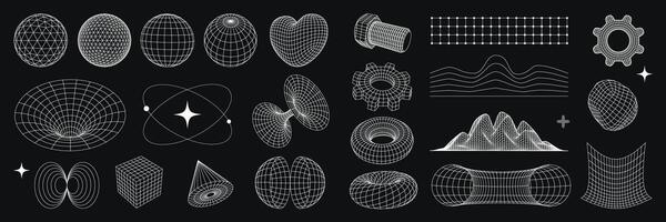 Futuristic 3D wireframe geometric shapes cyberpunk and psychedelic, sci-fi, Y2K icons set. design elements on dark background. vector