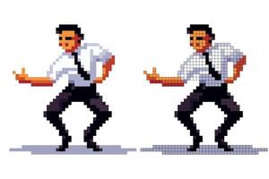 A man showcases a lively dance in retro pixel art style, donning a white shirt and black tie. His energetic posture and facial expression convey fun and enthusiasm vector