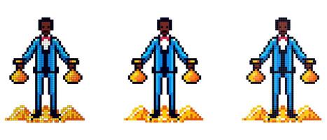 Three pixel pixel art of a man in a suit holding a bag vector