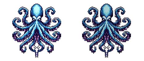 This artwork features a vibrant octopus illustrated in pixel art style. Each tentacle is intricately designed, showcasing shades of blue and purple against a simple backdrop vector