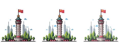 Four different chinese buildings with flags vector
