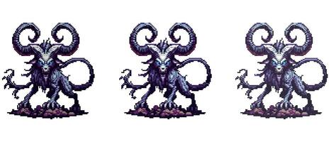 Pixel art creature with large curved horns glowing blue eyes and a snarling mouth with sharp teeth standing on a rocky surface vector