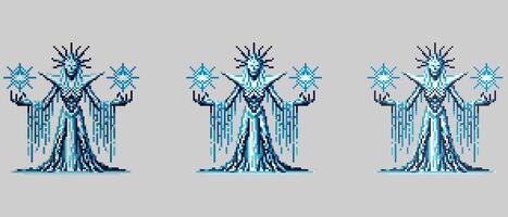 Pixel art depiction of the leader of the White Walkers, adorned in a flowing robe and crowned with icy spikes, holding glowing star-like objects vector