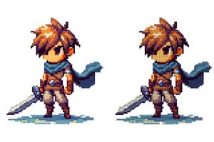 A young hero in colorful pixel art, wielding a sword, stands poised for action in a dynamic fantasy environment. The character radiates determination and bravery vector