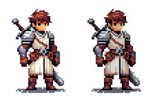 A pixel art warrior stands confidently, wearing medieval armor and holding a sword. The character is designed in vibrant colors, suggesting bravery and readiness for battle in a fantasy realm vector