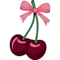 Two cherries in deep cherry red, connected by a green stem, and adorned with a soft pink decorative bow vector