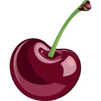 A single glossy cherry berry in deep cherry red with a green stem, with soft shading highlights vector