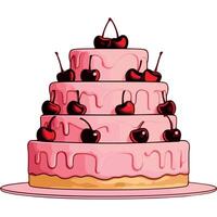 A layered cake frosted in soft pink, topped with multiple cherries in deep cherry red vector