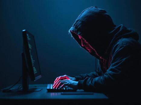 un encapuchado hacker es sentado a un escritorio en frente de a ellos, el pantalla lleno con código foto