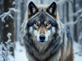 A majestic wolf walks confidently through a snow-covered forest, showcasing its powerful presence and sharp features. photo