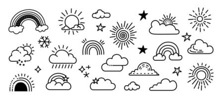 Collection of creative weather doodle basic elements isolated on plain white background vector