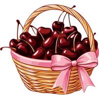 A wicker basket in light beige filled with cherries in deep cherry red, tied with a pink bow vector