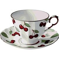 A vintage white teacup decorated with deep cherry red cherries pattern and soft green leaves, resting on a matching saucer vector