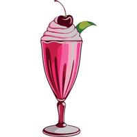 A pink milkshake in a tall glass with whipped cream and a deep red cherry on top vector