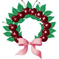 A wreath formed of alternating deep cherry red cherries and green leaves, tied together with a bow in soft pink vector