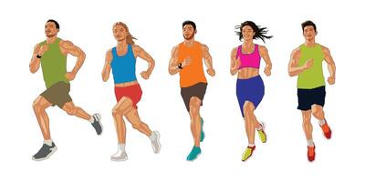 Running man and woman multi color illustration, isolated on white background. vector