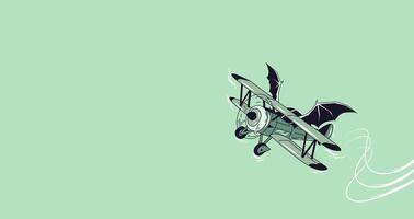 imaginative illustration of a bat winged dragonfly plane in flight leaving behind a trail of white smoke in its path in a classic cartoon style with a vintage and unique feel. vector