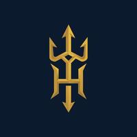 a combination of the letter h and the trident symbol with a golden shiny effect vector