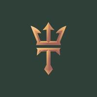 a combination of the letter T and the trident symbol with a shiny color effect vector