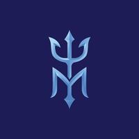 a combination of the letter m and the trident symbol with a blue shiny color vector