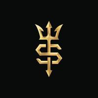 letter s and the trident symbol with a golden shiny effect vector