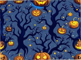 Spooky seamless pattern of creepy trees and jack-o'-lanterns halloween theme night sky digital art vector