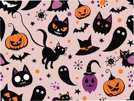 Seamless pattern of classic halloween icons festive background graphic design whimsical atmosphere bird's eye view vector