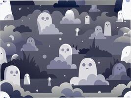 Seamless pattern of ghosts floating through fog spooky landscape digital art mysterious environment artistic viewpoint vector