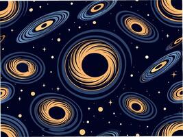 Seamless pattern of swirling black holes and distant stars cosmic space digital art dark universe abstract design vector